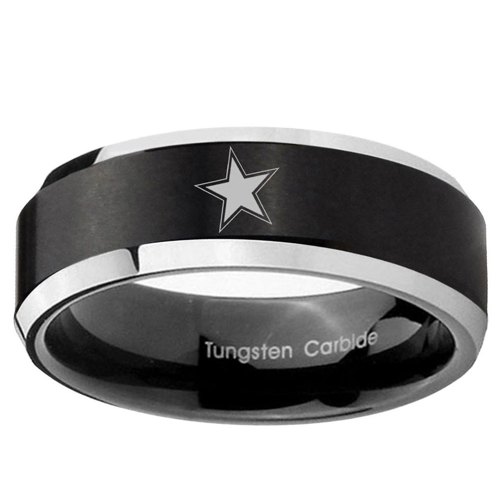 10mm Cowboys Star Beveled Brush Black 2 Tone Tungsten Ring