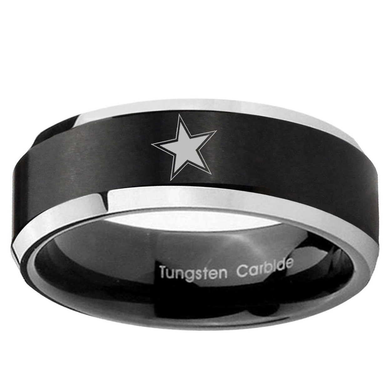 10mm Cowboys Star Beveled Brush Black 2 Tone Tungsten Ring