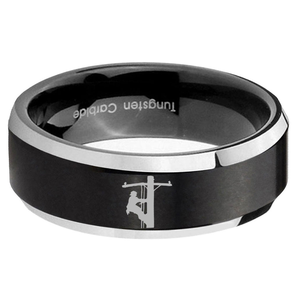 5MM Lineman Symbol Beveled Two Tone Black Tungsten Wedding Band