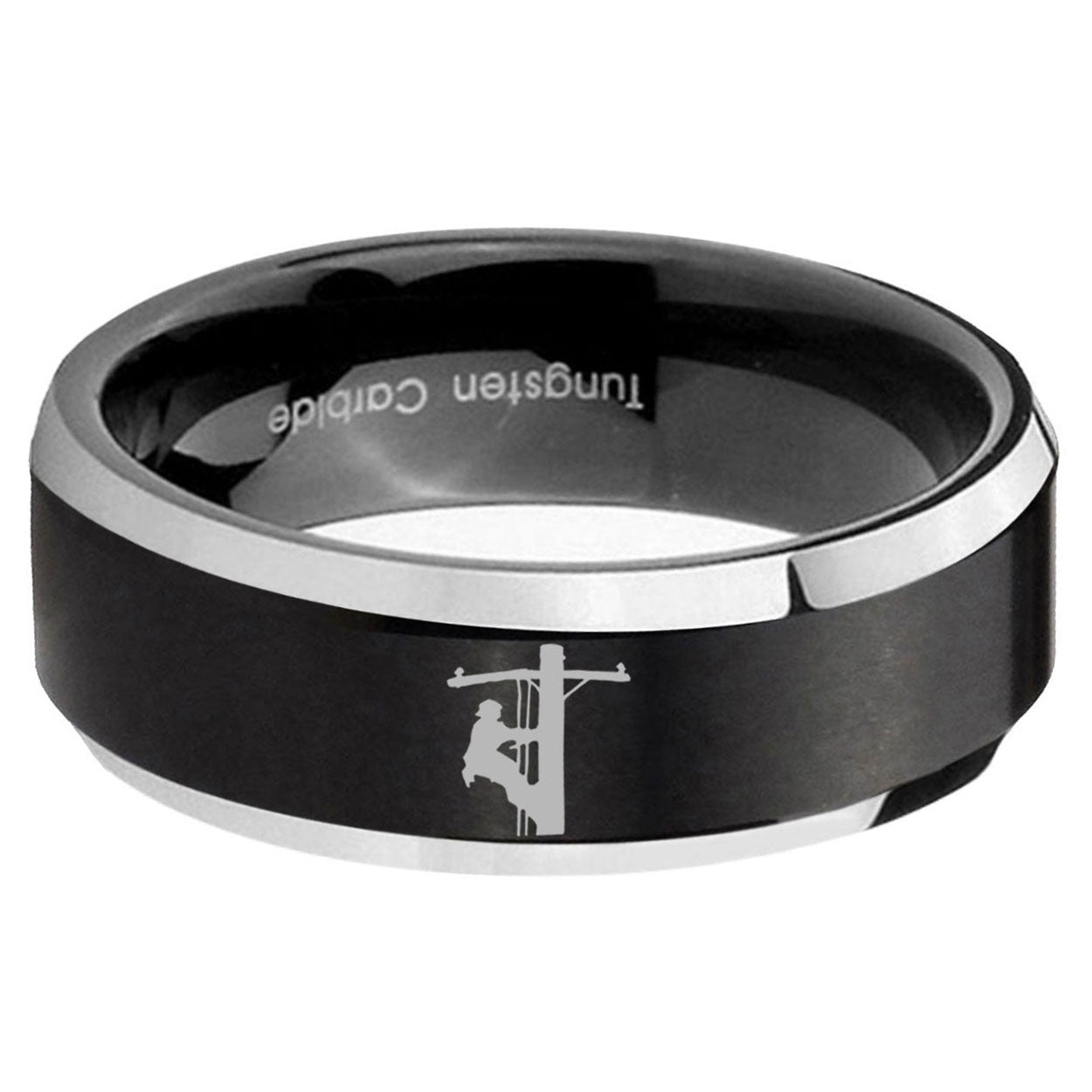 5MM Lineman Symbol Beveled Two Tone Black Tungsten Wedding Band
