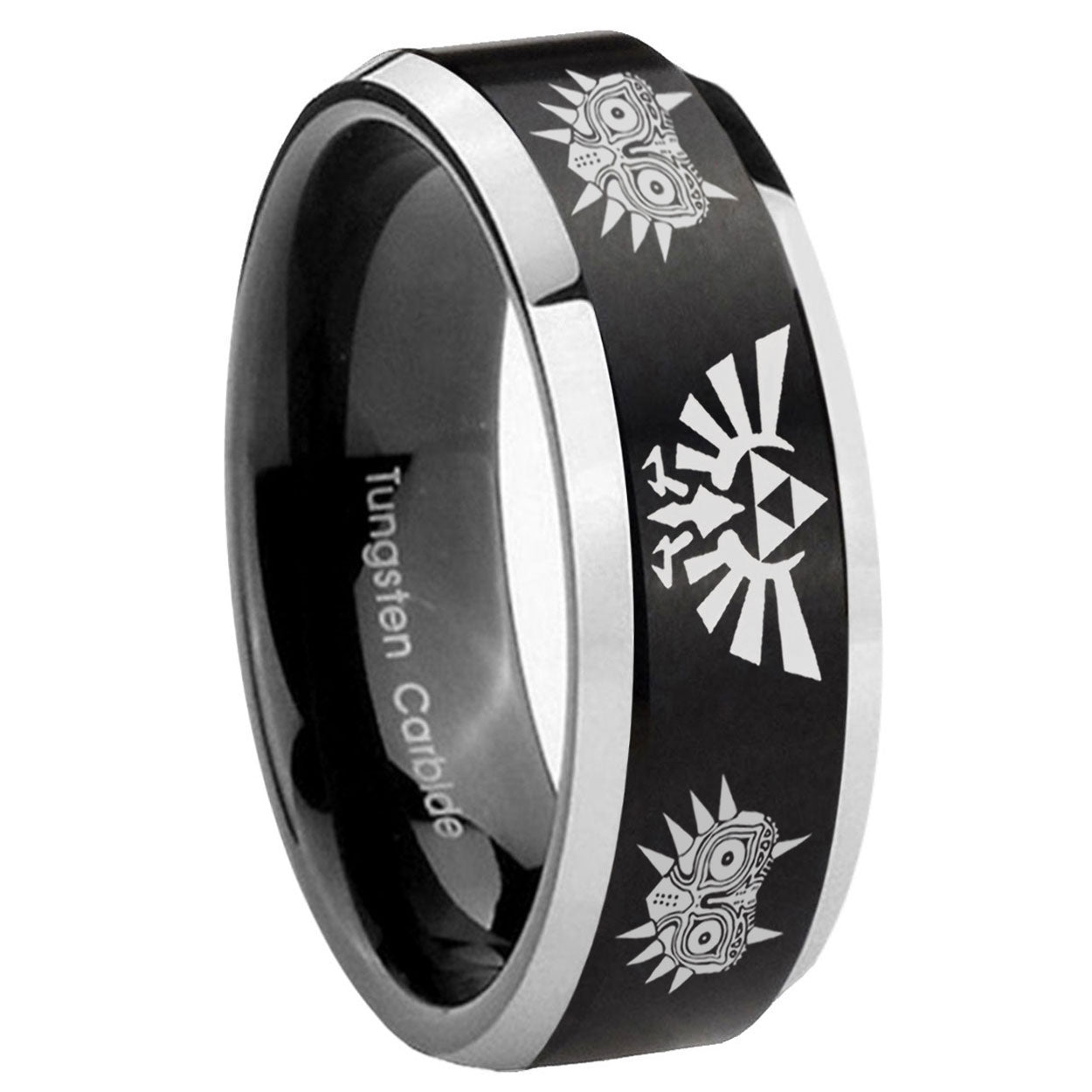 8MM Zelda Majora's Mask Beveled Two Tone Black Tungsten Wedding Band