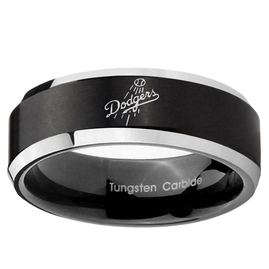 10mm LA Dogers MLB Baseball Beveled Brush Black 2 Tone Tungsten Rings for Men