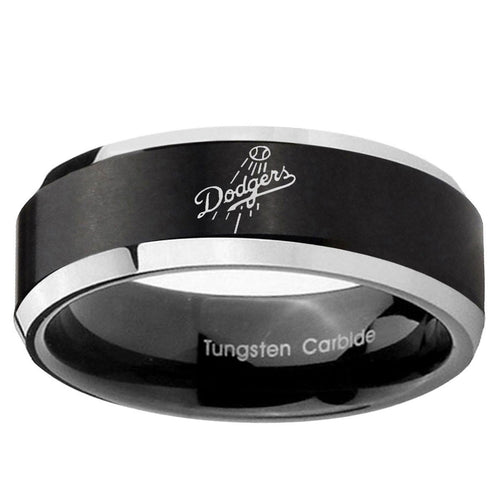 10mm LA Dogers MLB Baseball Beveled Brush Black 2 Tone Tungsten Rings for Men