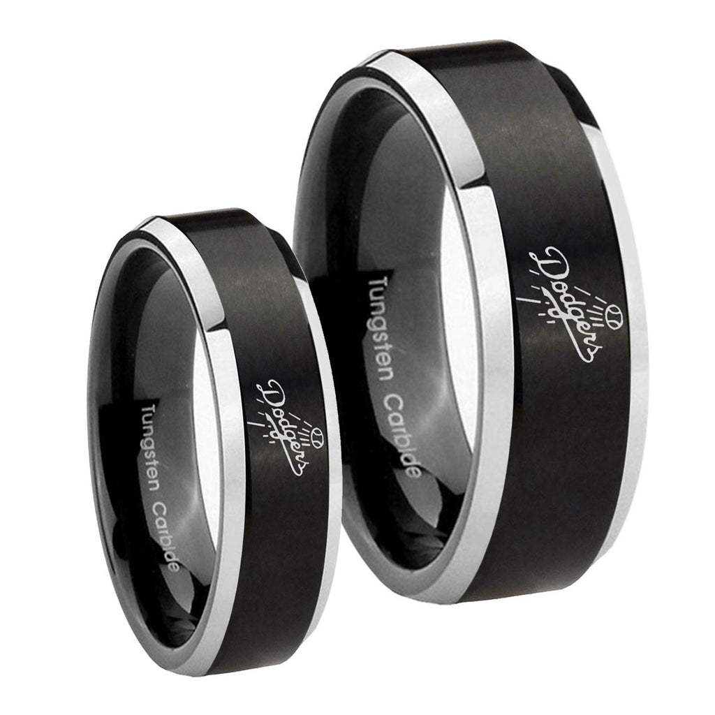 LA Dogers MLB Baseball Beveled Brush Black 2 Tone Tungsten Wedding Band Set