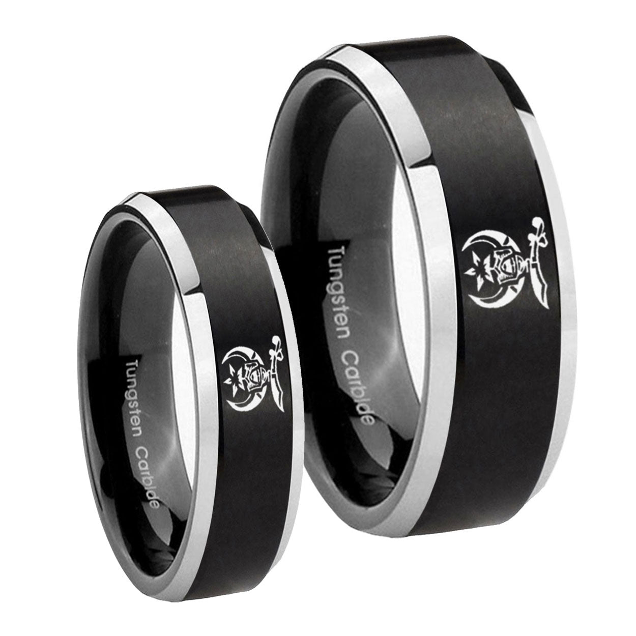 Masonic Shriners Beveled Brush Black 2 Tone Tungsten Mens Set Ring