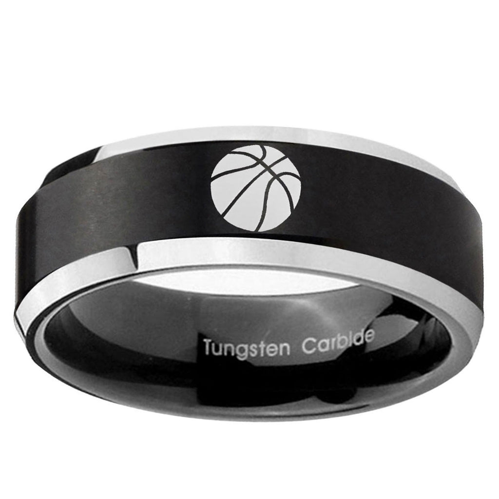 10mm Basketball Beveled Edge Brush Black 2 Tone Tungsten Ring