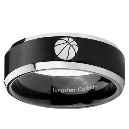 10mm Basketball Beveled Edge Brush Black 2 Tone Tungsten Ring