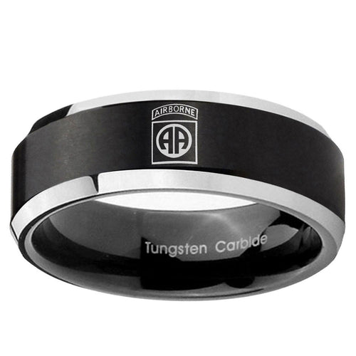 10mm Army Airborn Beveled Edge Brush Black 2 Tone Tungsten Wedding Band Mens
