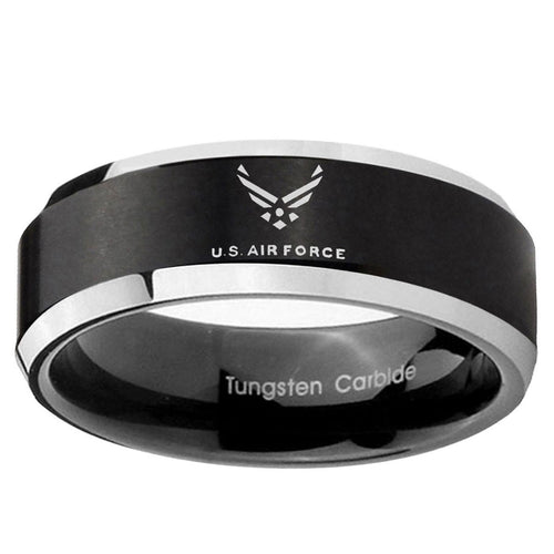 10mm Beveled US Air Force Satin Black Two Tone Tungsten Ring