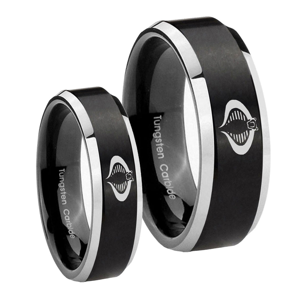 Cobra Beveled Edges Brush Black 2 Tone Tungsten Wedding Set Ring
