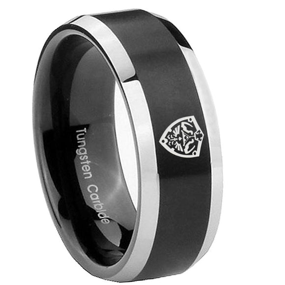 10mm-Zelda-Hylian-Shield-Beveled-Brush-Black-2-Tone-Tungsten-Custom-Mens-Ring