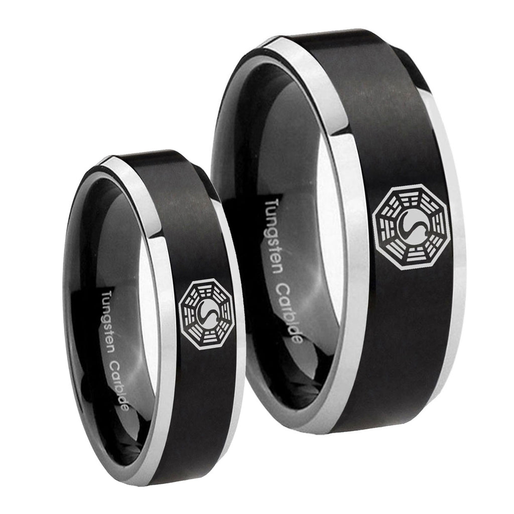 Lost Dharma Beveled Edges Brush Black 2 Tone Tungsten Bridal Band Set