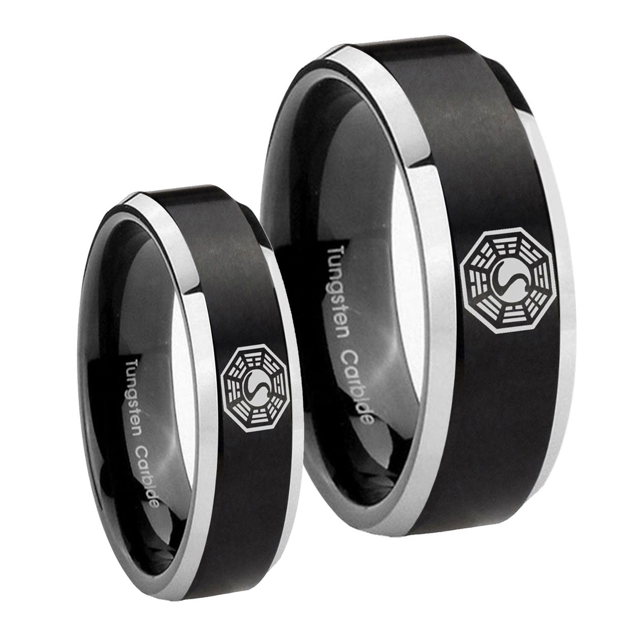 Lost Dharma Beveled Edges Brush Black 2 Tone Tungsten Bridal Band Set