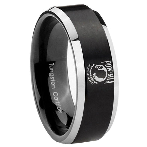 10mm Military Pow Beveled Edges Brush Black 2 Tone Tungsten Engagement Ring