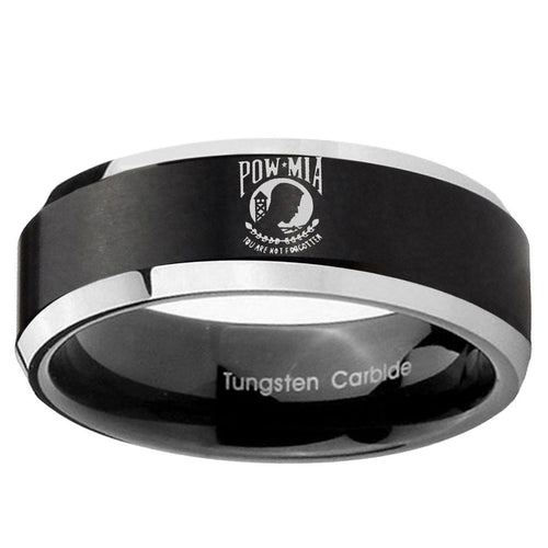 10mm Military Pow Beveled Edge Brush Black 2 Tone Tungsten Ring