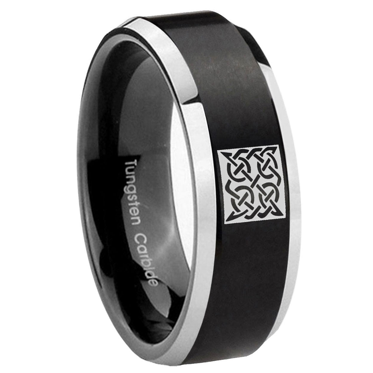 10mm Celtic Design Beveled Edges Brush Black 2 Tone Tungsten Wedding Bands Ring
