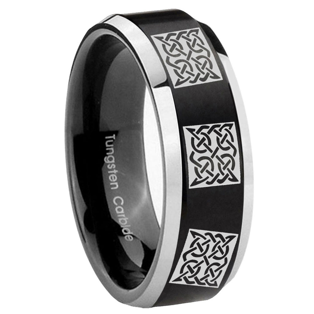 10mm Multiple Celtic Beveled Brush Black 2 Tone Tungsten Wedding Engagement Ring