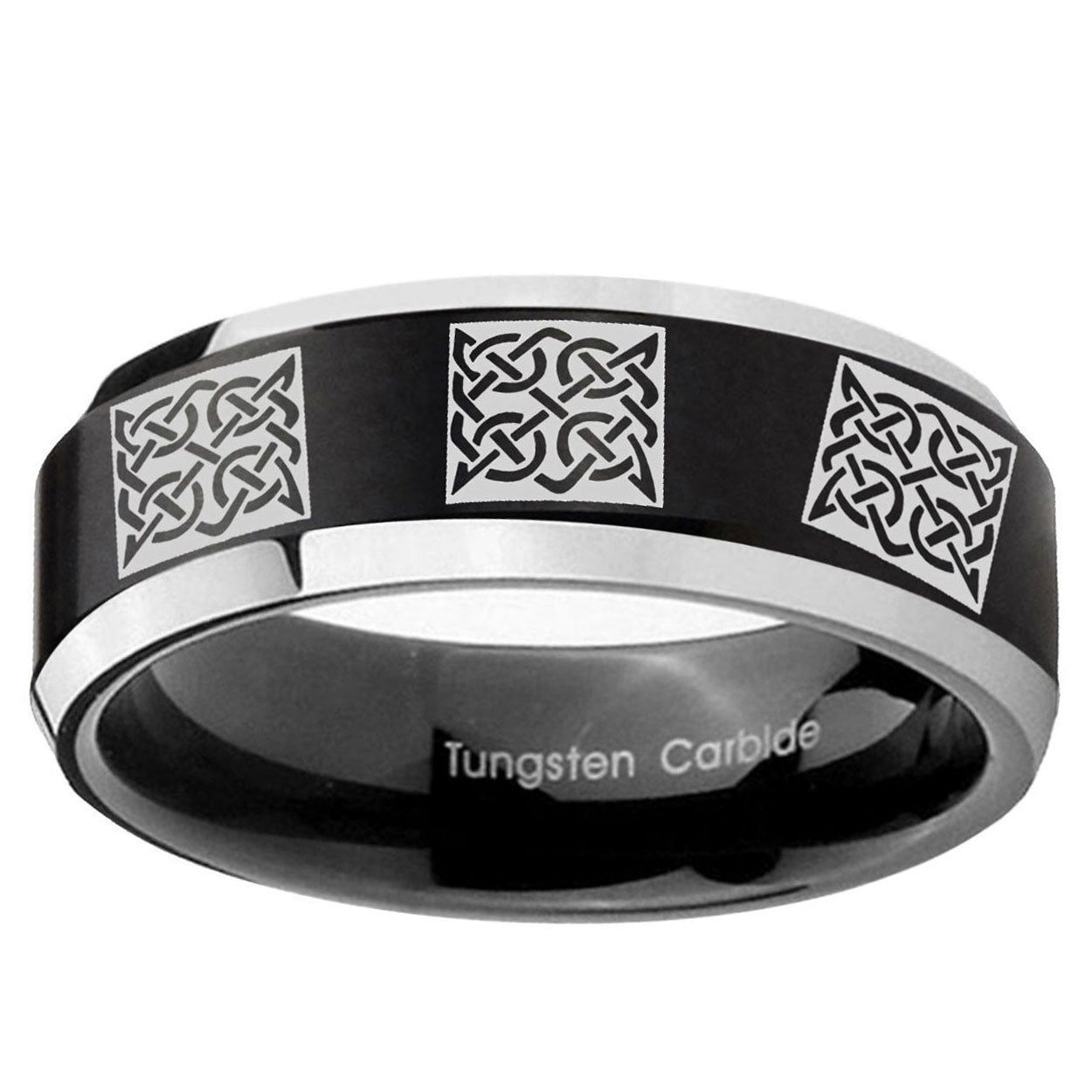 10mm Multiple Celtic Beveled Brush Black 2 Tone Tungsten Ring