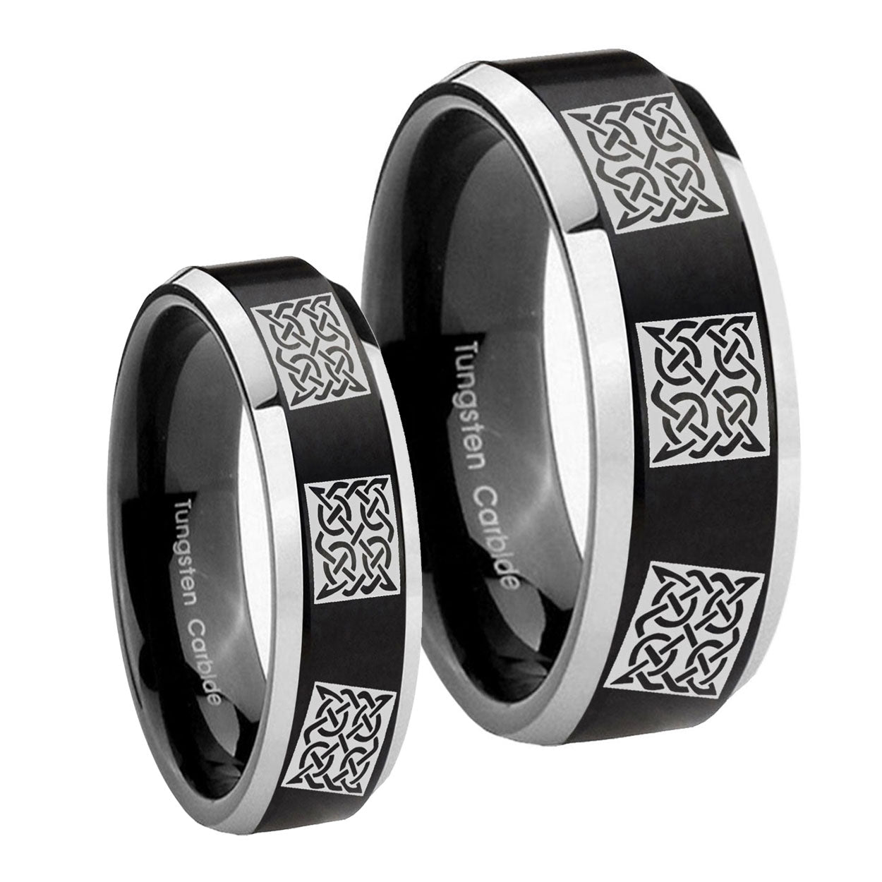 Multiple Celtic Beveled Brush Black 2 Tone Tungsten Bridal Set Ring