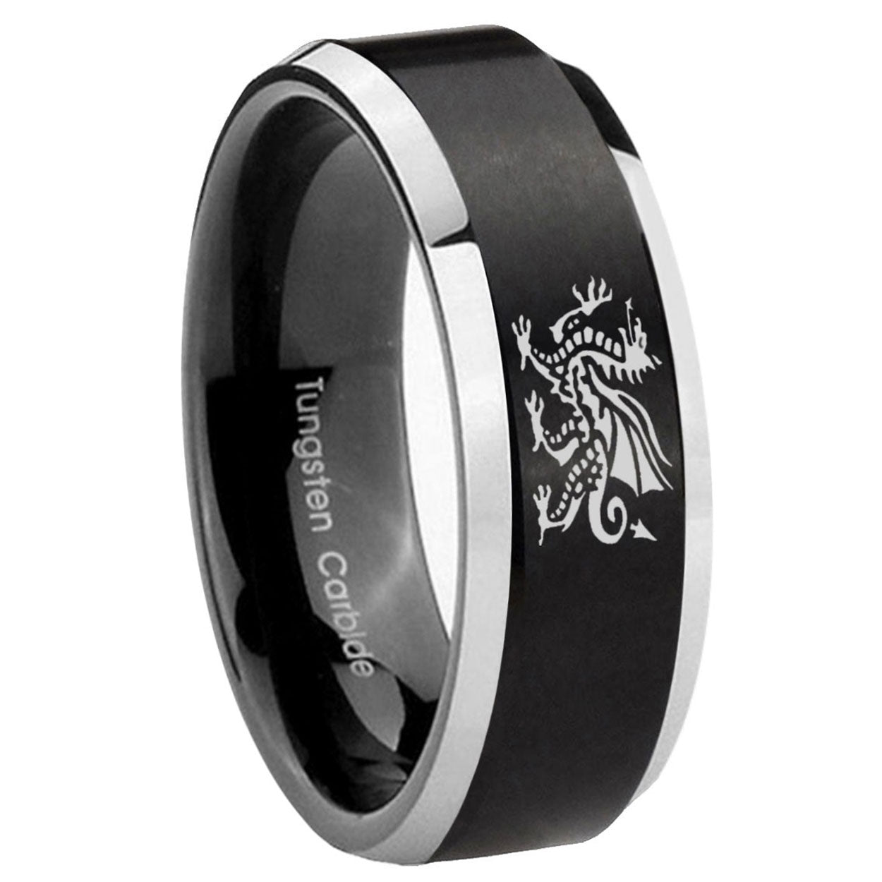 10mm Dragon Beveled Edges Brush Black 2 Tone Tungsten Carbide Engraved Ring