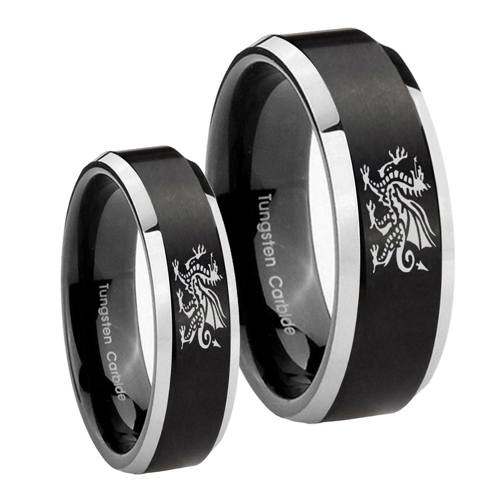 Dragon Beveled Edges Brush Black 2 Tone Tungsten Couple Wedding Rings