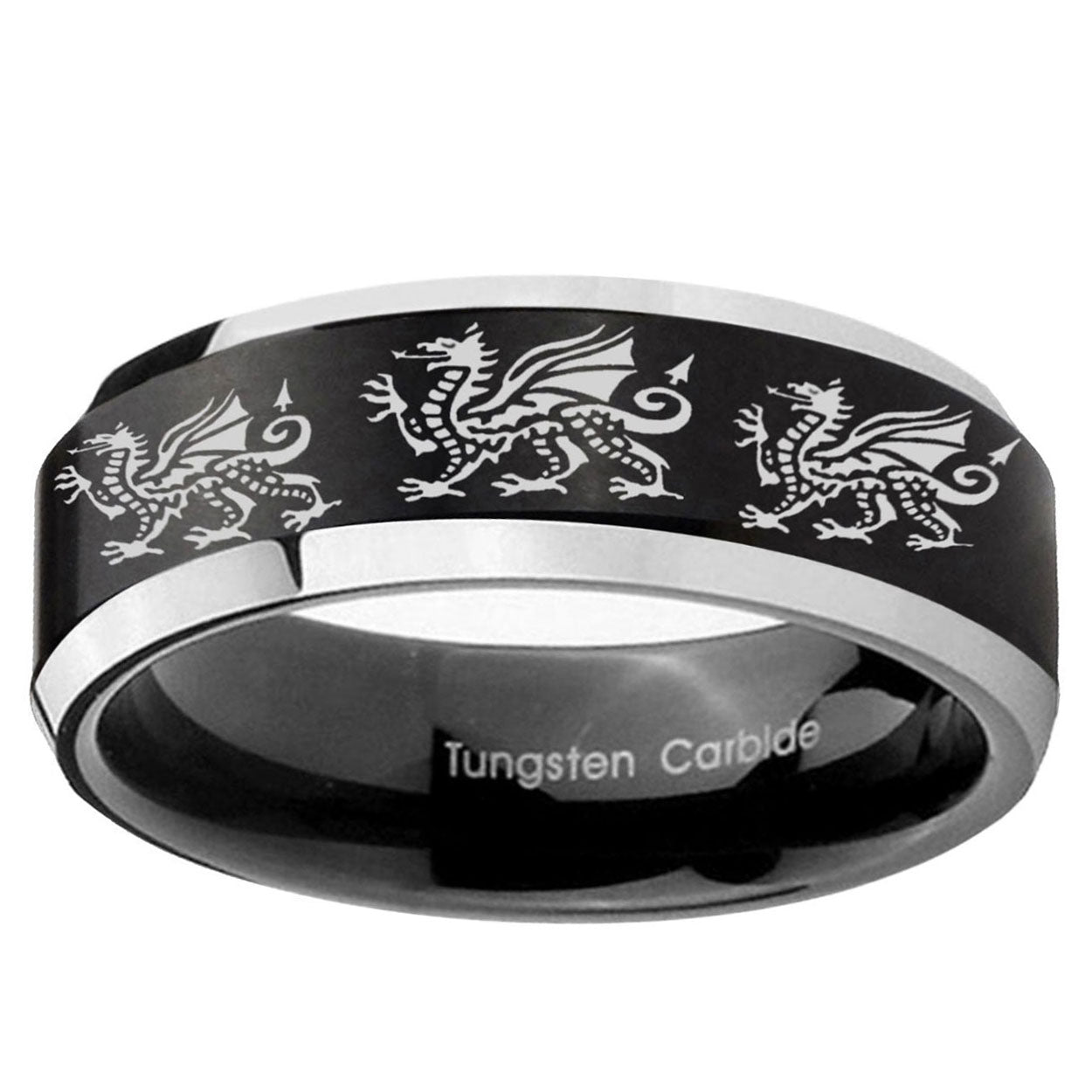 5MM Multiple Dragon Beveled Two Tone Black Tungsten Mens Promise Ring