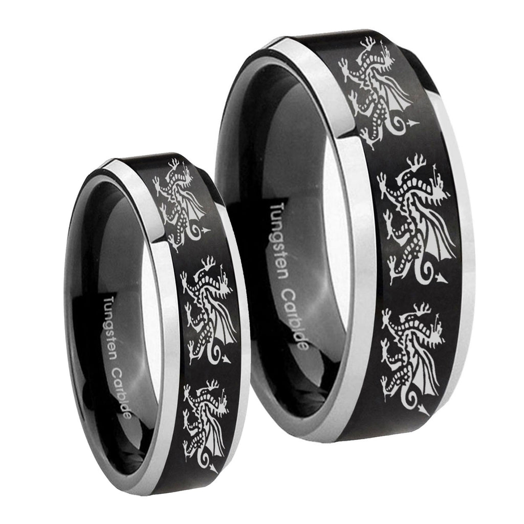 Multiple Dragon Beveled Brush Black 2 Tone Tungsten Wedding Band Set