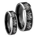 Multiple Dragon Beveled Brush Black 2 Tone Tungsten Wedding Band Set