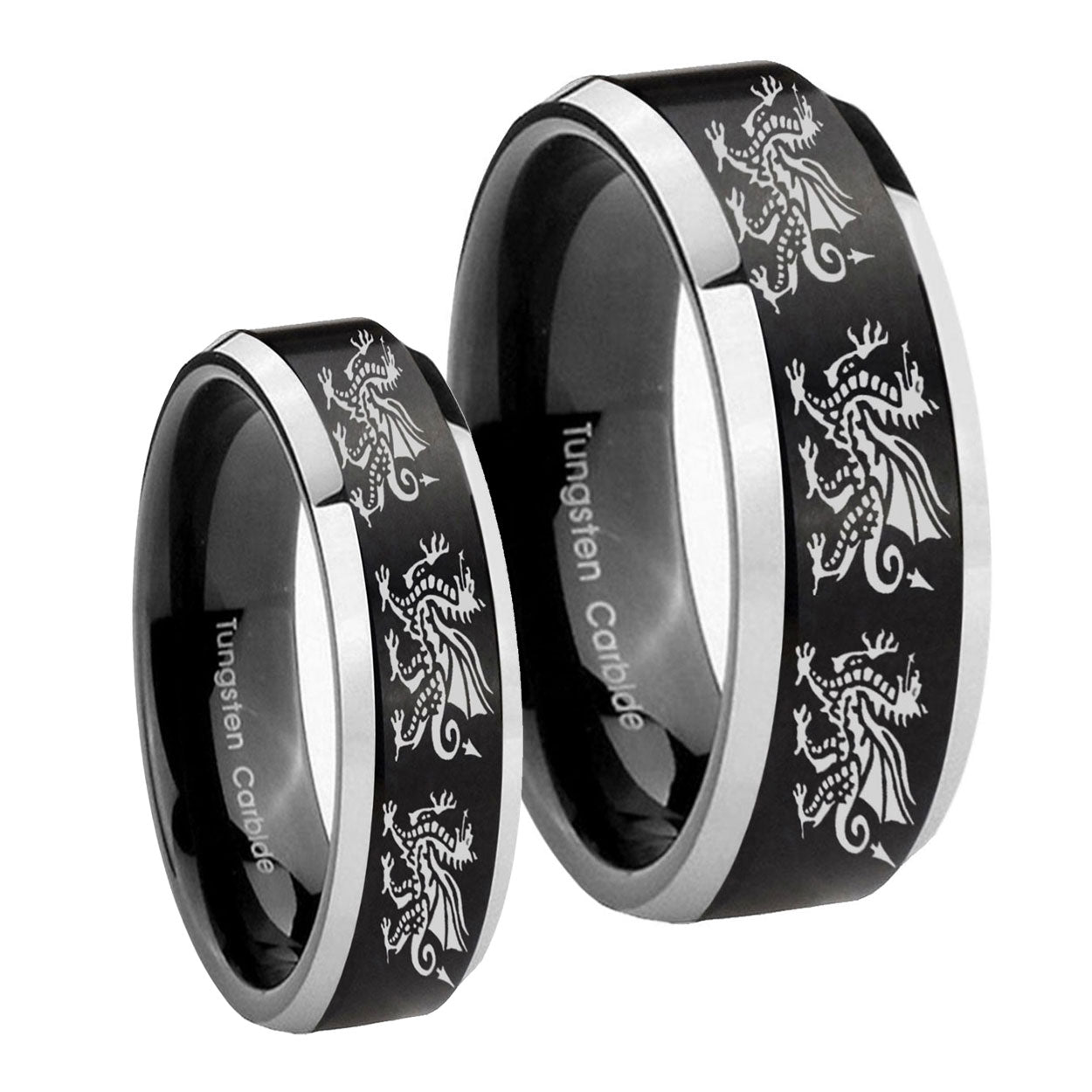 Multiple Dragon Beveled Brush Black 2 Tone Tungsten Wedding Band Set