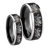 His Hers Multiple Dragon Beveled Brush Black 2 Tone Tungsten Men Ring Set