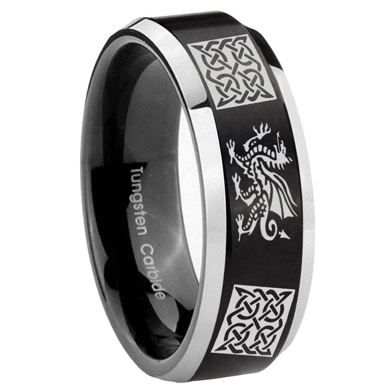 8MM Multiple Dragon Celtic Beveled Two Tone Black Tungsten Wedding Band