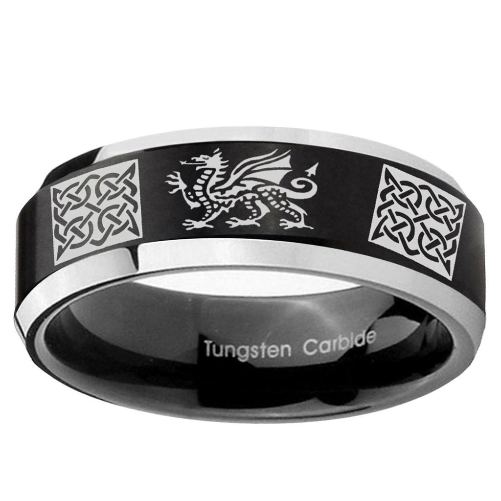 5MM Multiple Dragon Celtic Beveled Two Tone Black Tungsten Wedding Band
