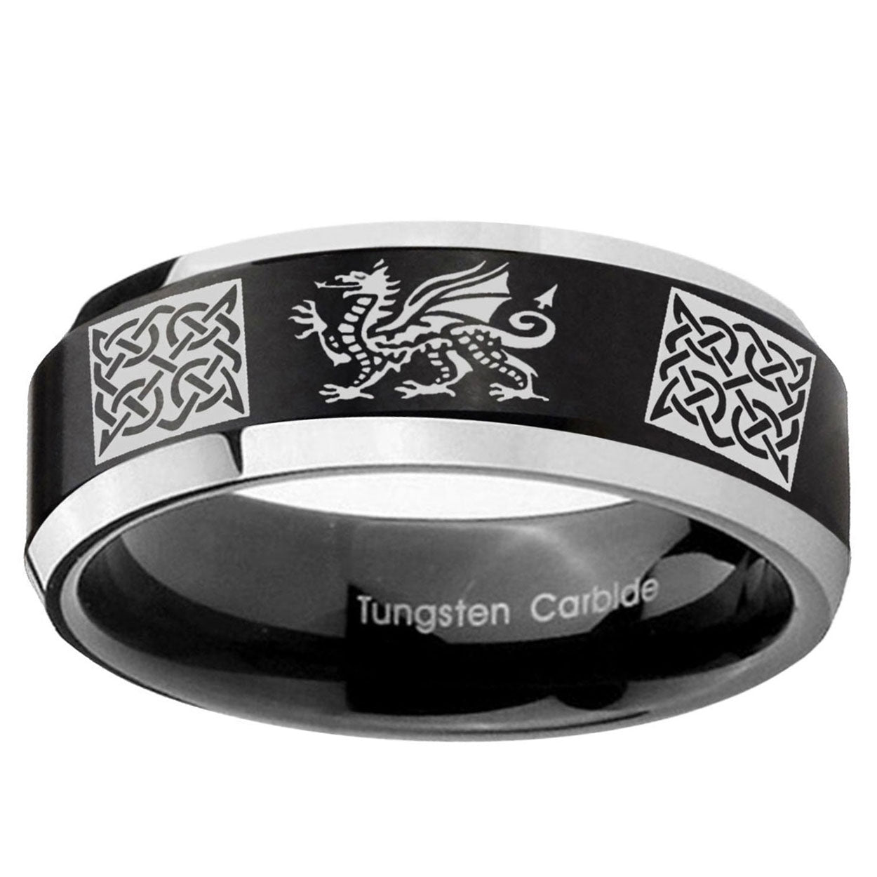 5MM Multiple Dragon Celtic Beveled Two Tone Black Tungsten Wedding Band