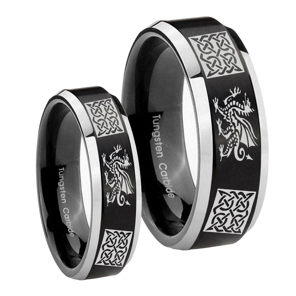 Multiple Dragon Celtic Beveled Brush Black 2 Tone Tungsten Wedding Ring Set