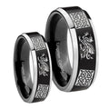 Multiple Dragon Celtic Beveled Brush Black 2 Tone Tungsten Wedding Ring Set