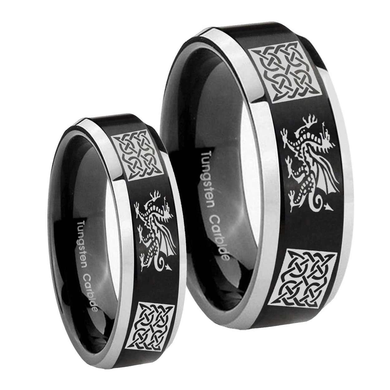 Multiple Dragon Celtic Beveled Brush Black 2 Tone Tungsten Wedding Ring Set