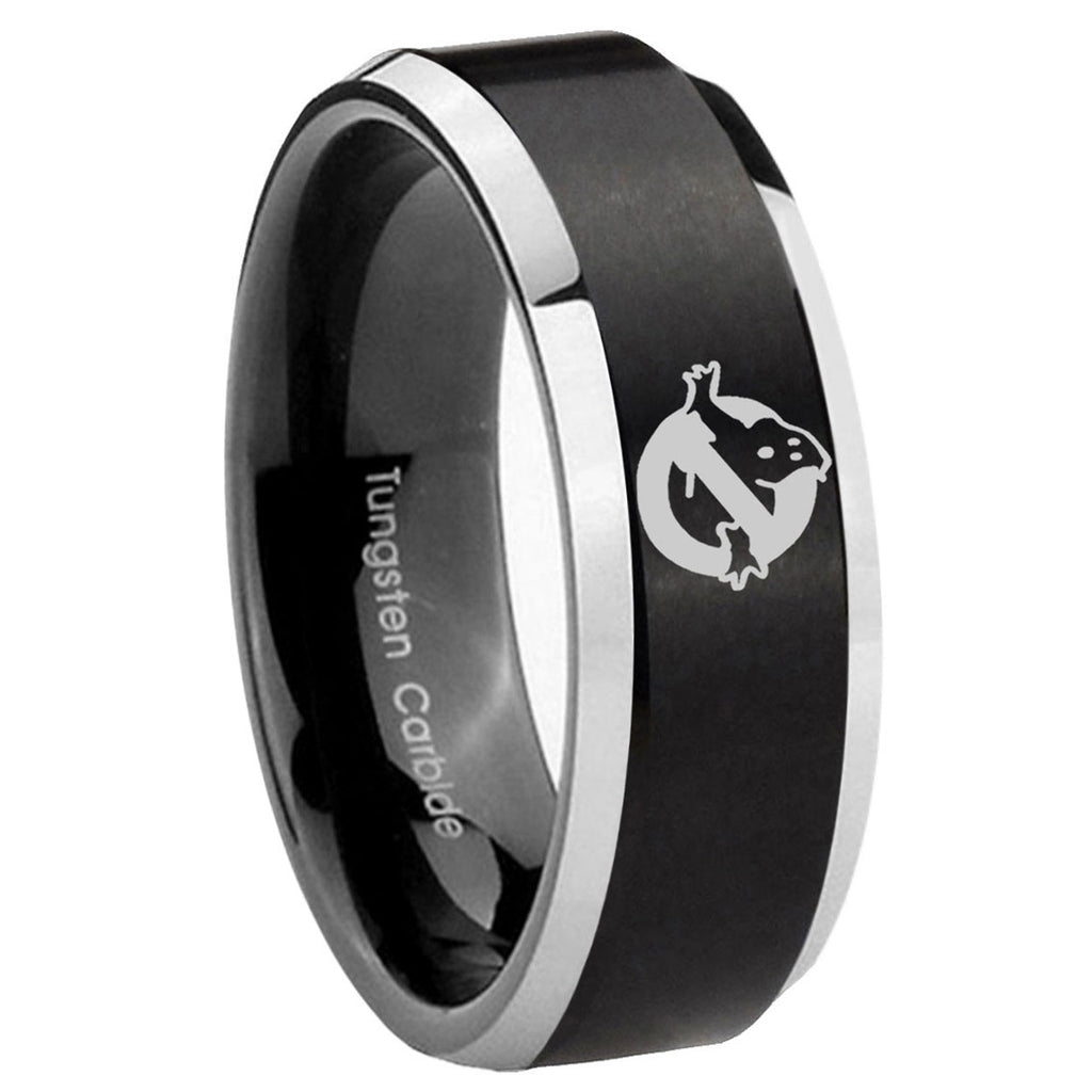 10mm Ghostbusters Beveled Brush Black 2 Tone Tungsten Mens Anniversary Ring