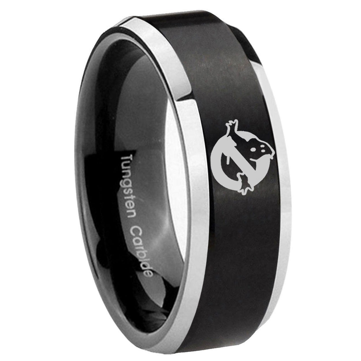 10mm Ghostbusters Beveled Brush Black 2 Tone Tungsten Mens Anniversary Ring