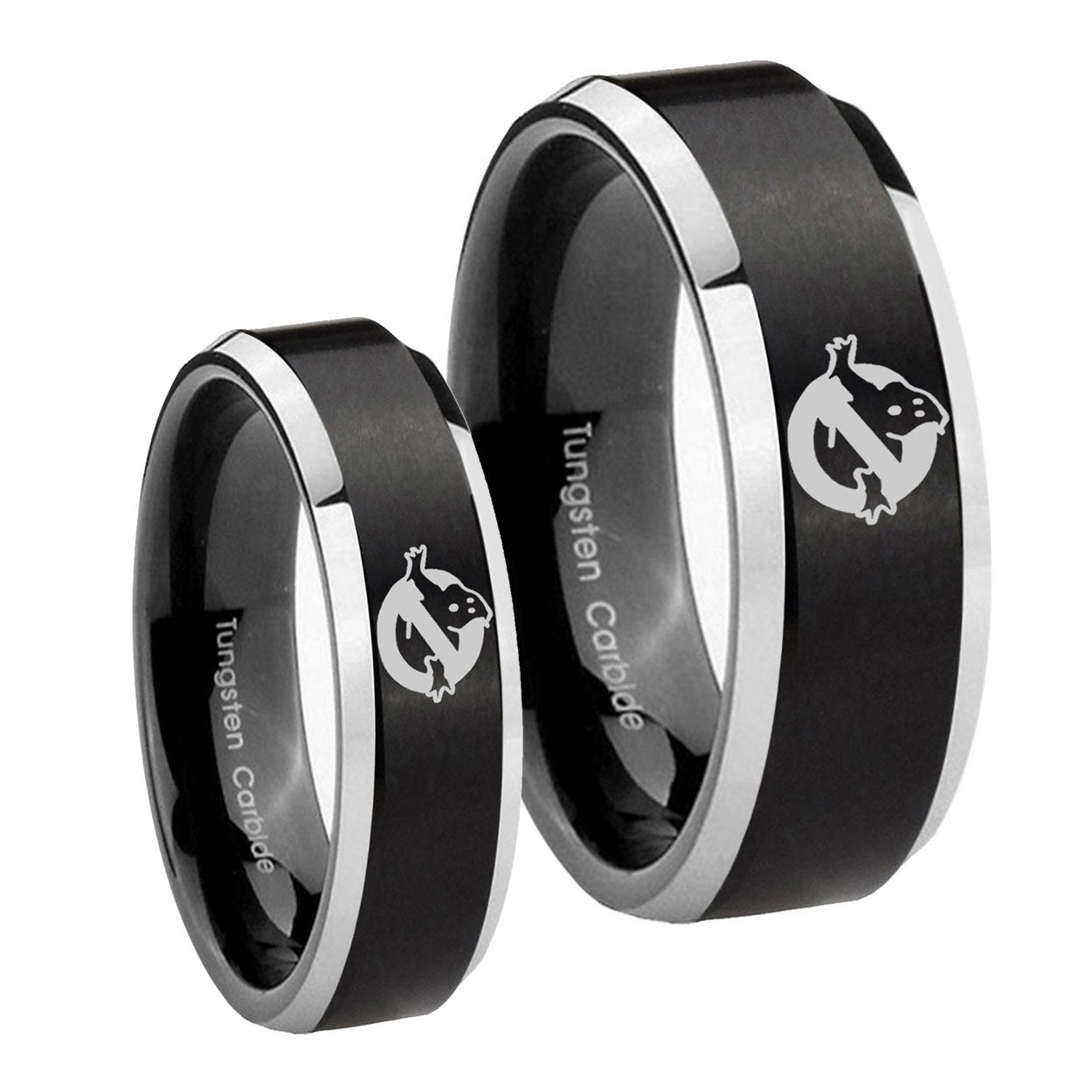 Ghostbusters Beveled Brush Black 2 Tone Tungsten Couples Ring Set