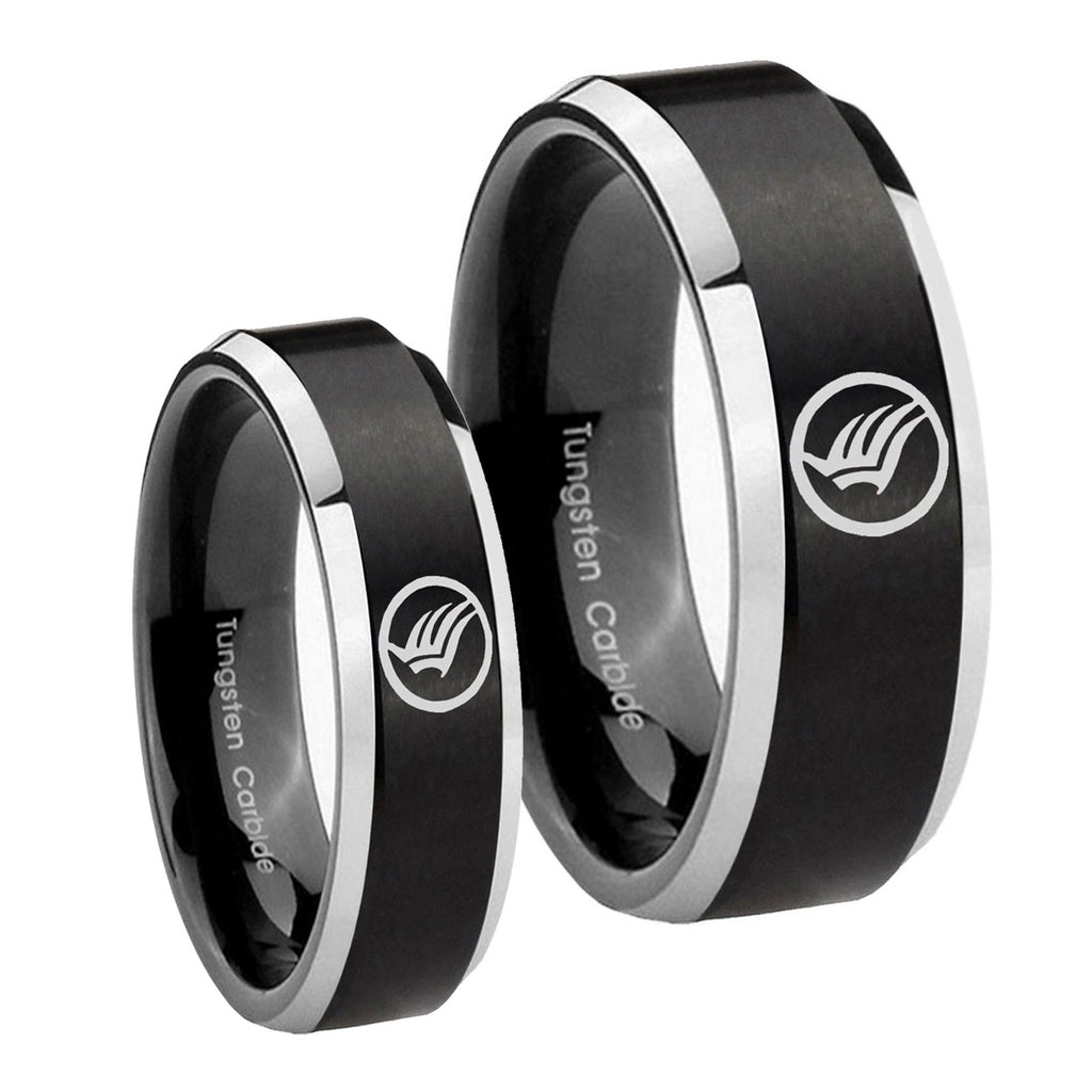 Beveled Mass Effect Satin Black 2 Tone Tungsten Wedding Ring Set