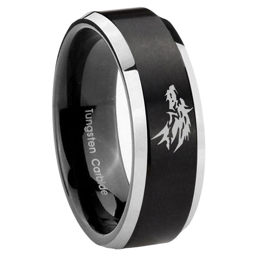 10mm Wolf Beveled Edges Brush Black 2 Tone Tungsten Carbide Men's Band Ring
