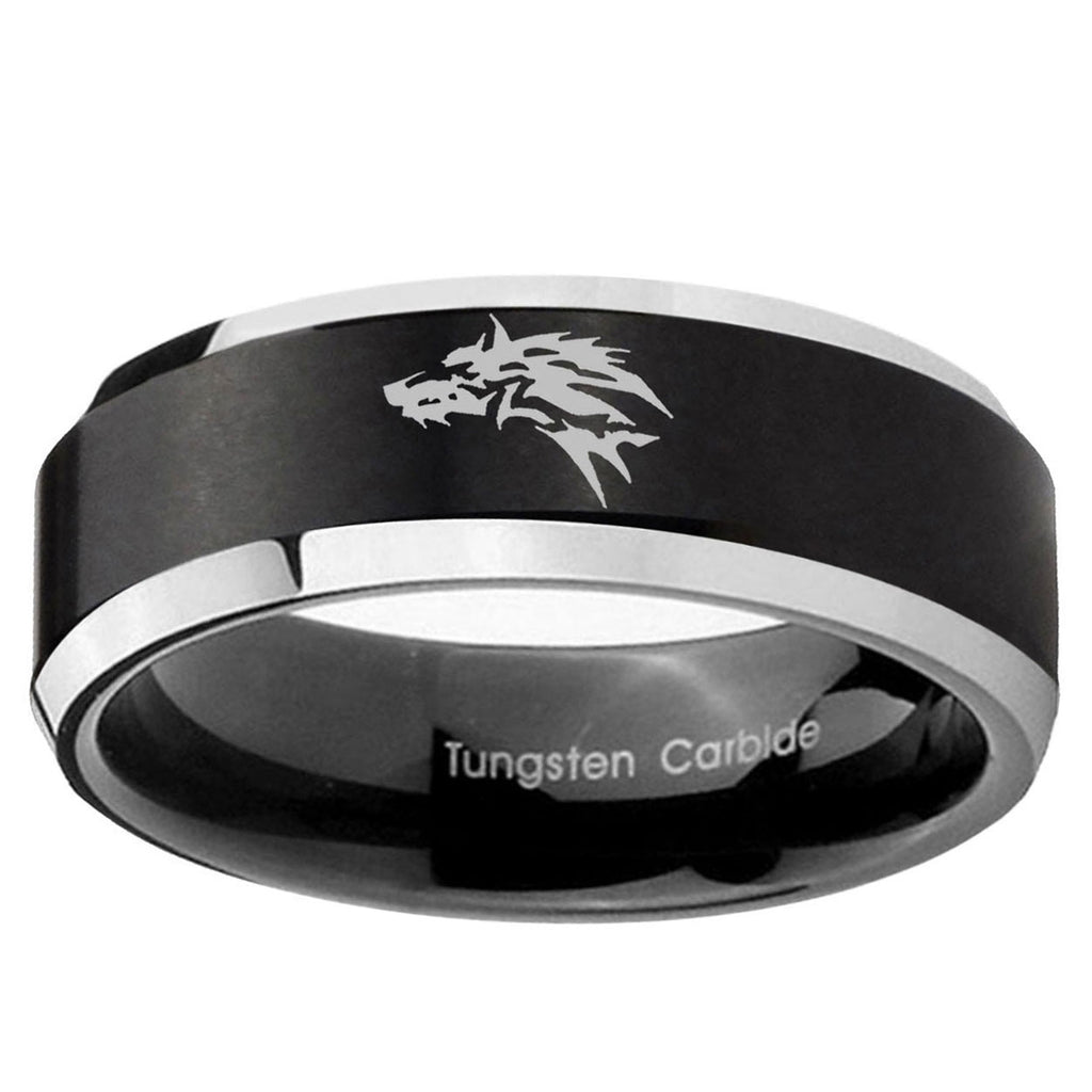 10mm Wolf Beveled Edge Brush Black 2 Tone Tungsten Ring