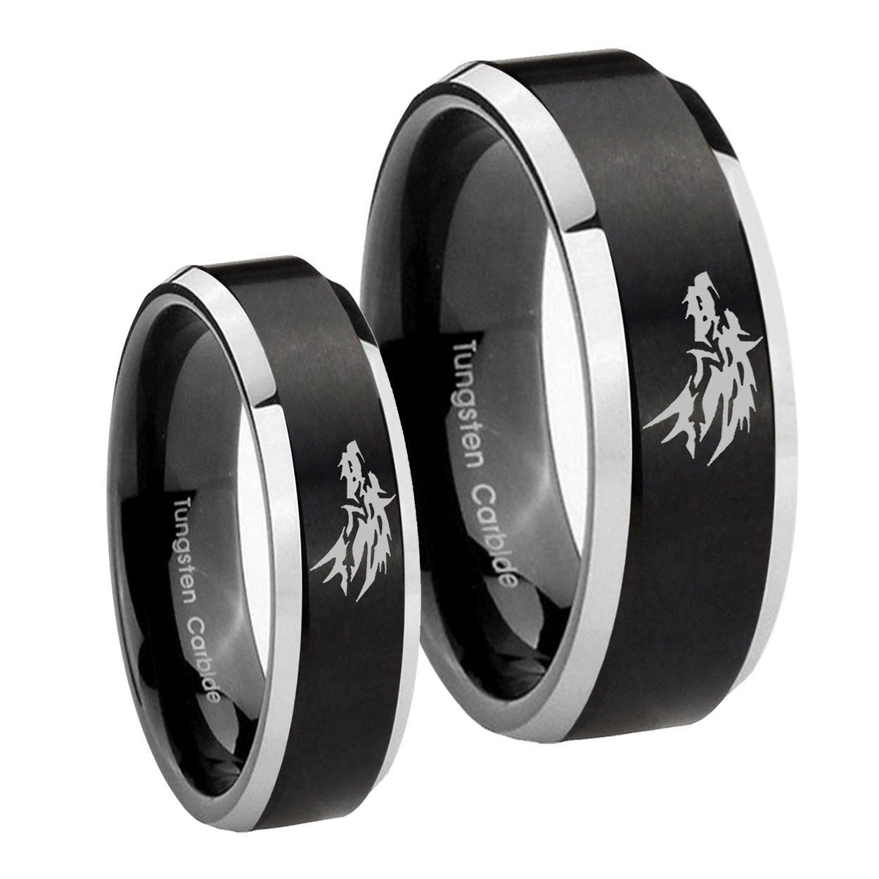Wolf Beveled Brush Black 2 Tone Tungsten Mens Ring Set