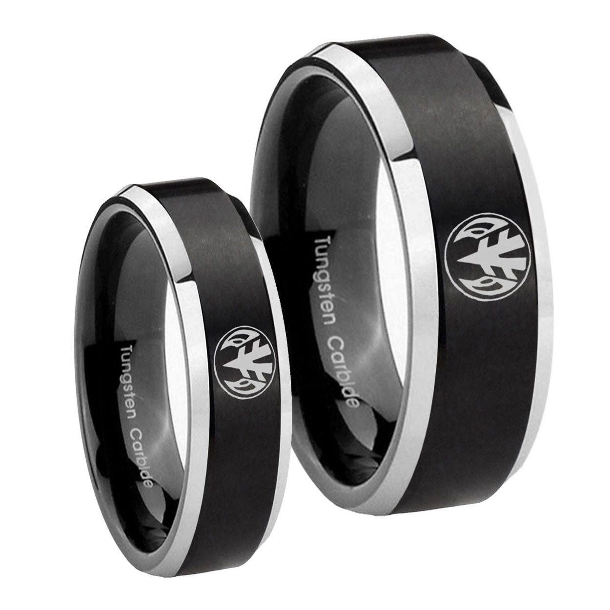 Love Power Rangers Beveled Brush Black 2 Tone Tungsten Mens Ring Set