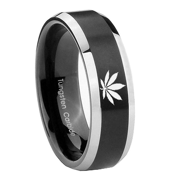 8mm-Marijuana-Leaf-Beveled-Brush-Black-2-Tone-Tungsten-Men's-Promise-Rings