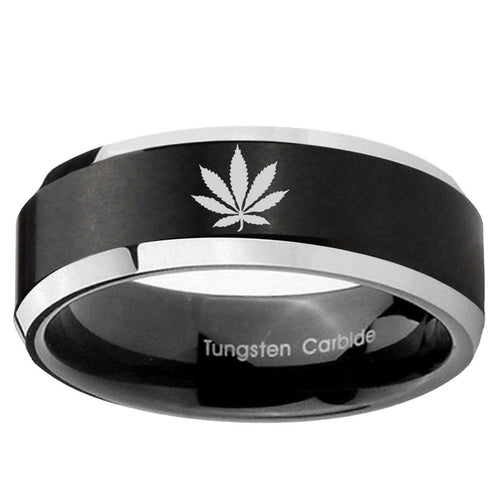 10mm Marijuana Leaf Beveled Edge Brush Black 2 Tone Tungsten Ring