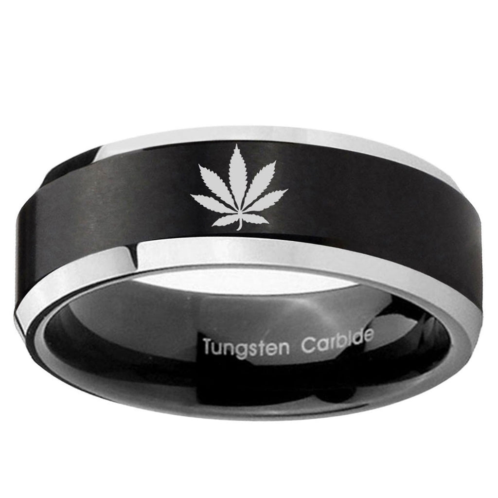 5MM Marijuana Leaf Beveled  Two Tone Black Tungsten Rings For Men