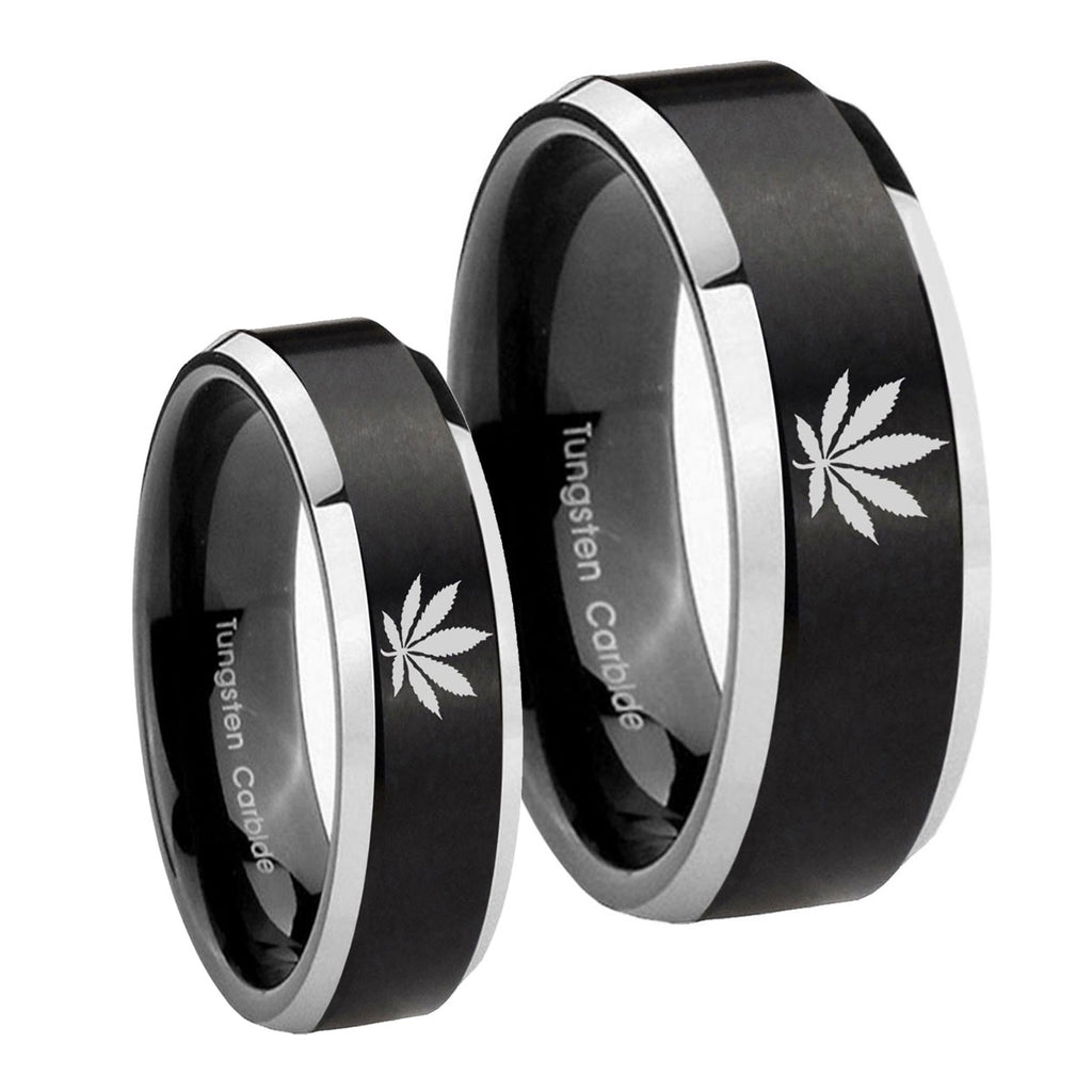 Marijuana Leaf Beveled Brush Black 2 Tone Tungsten Wedding Ring Set