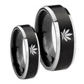 Marijuana Leaf Beveled Brush Black 2 Tone Tungsten Wedding Ring Set