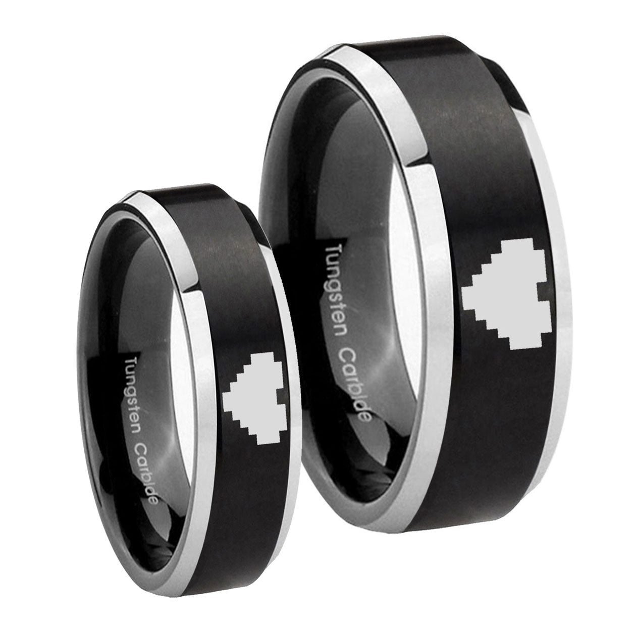 Beveled Zelda Heart Satin Black 2 Tone Tungsten His and Hers